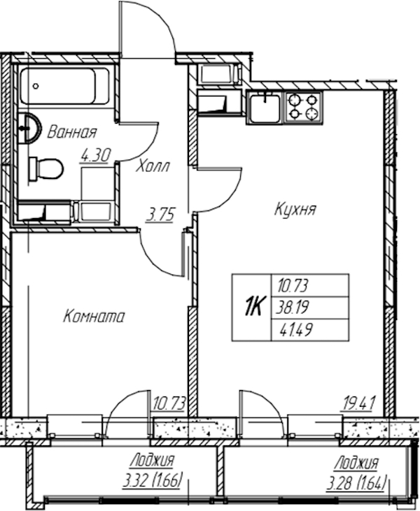 1-комнатная квартира 41.49 м², 15/22 эт., ЖК «Парк-квартал Юнтолово»